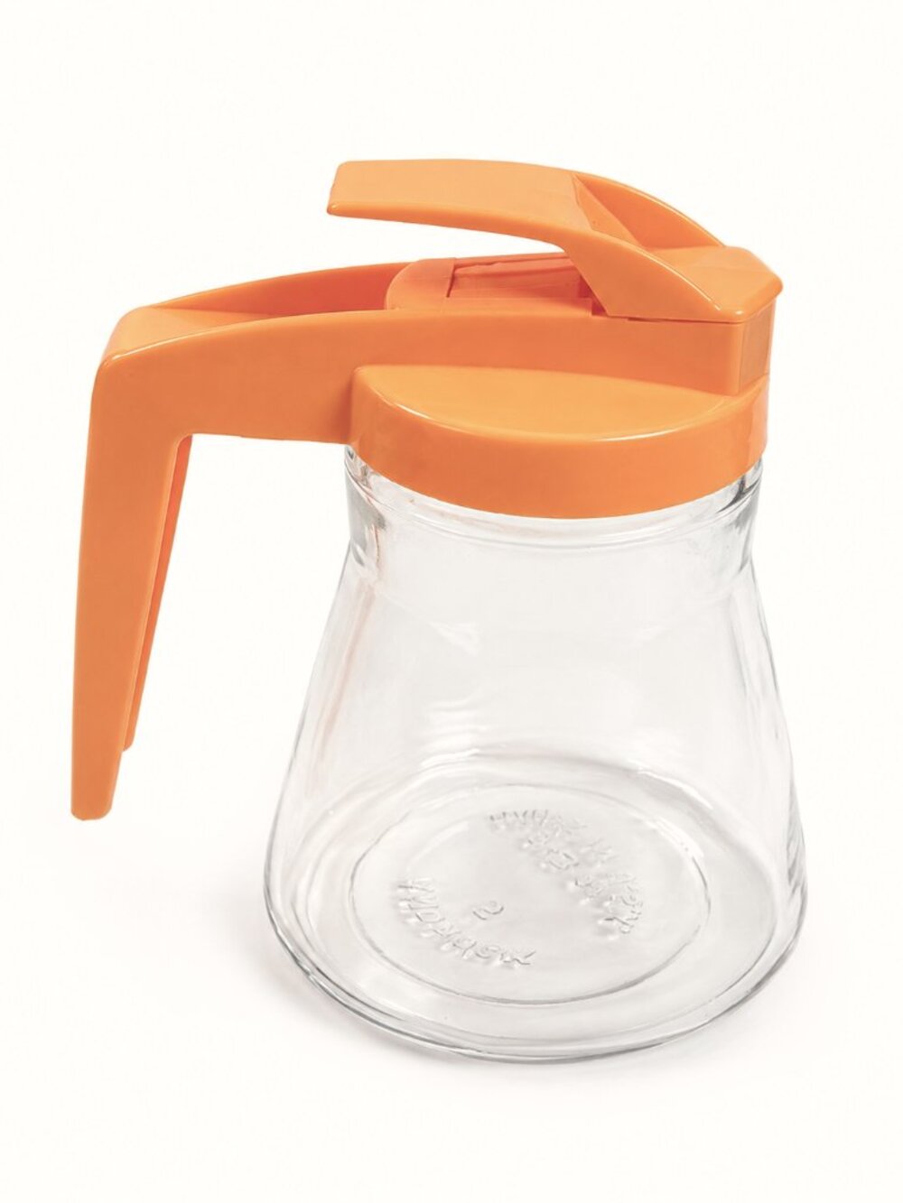 Vintage Androck Clear Glass Syrup Dispenser Tangerine Orange Thumb Push Spout